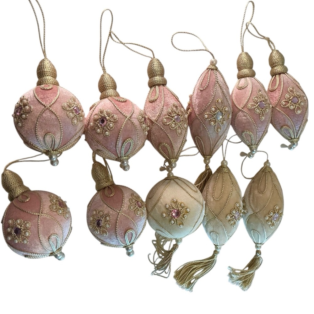 Antique French Style Christmas Ornaments Pink Velvet Traditional Victorian Set